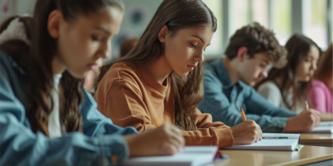 A group of students writing in notebooks